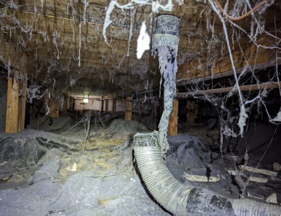 A disconnected dryer duct in the crawlspace of a home to illustrate home inspection services.