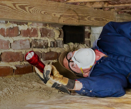Inspector checking out the crawlspace of a home to illustrate Woodland home inspection services